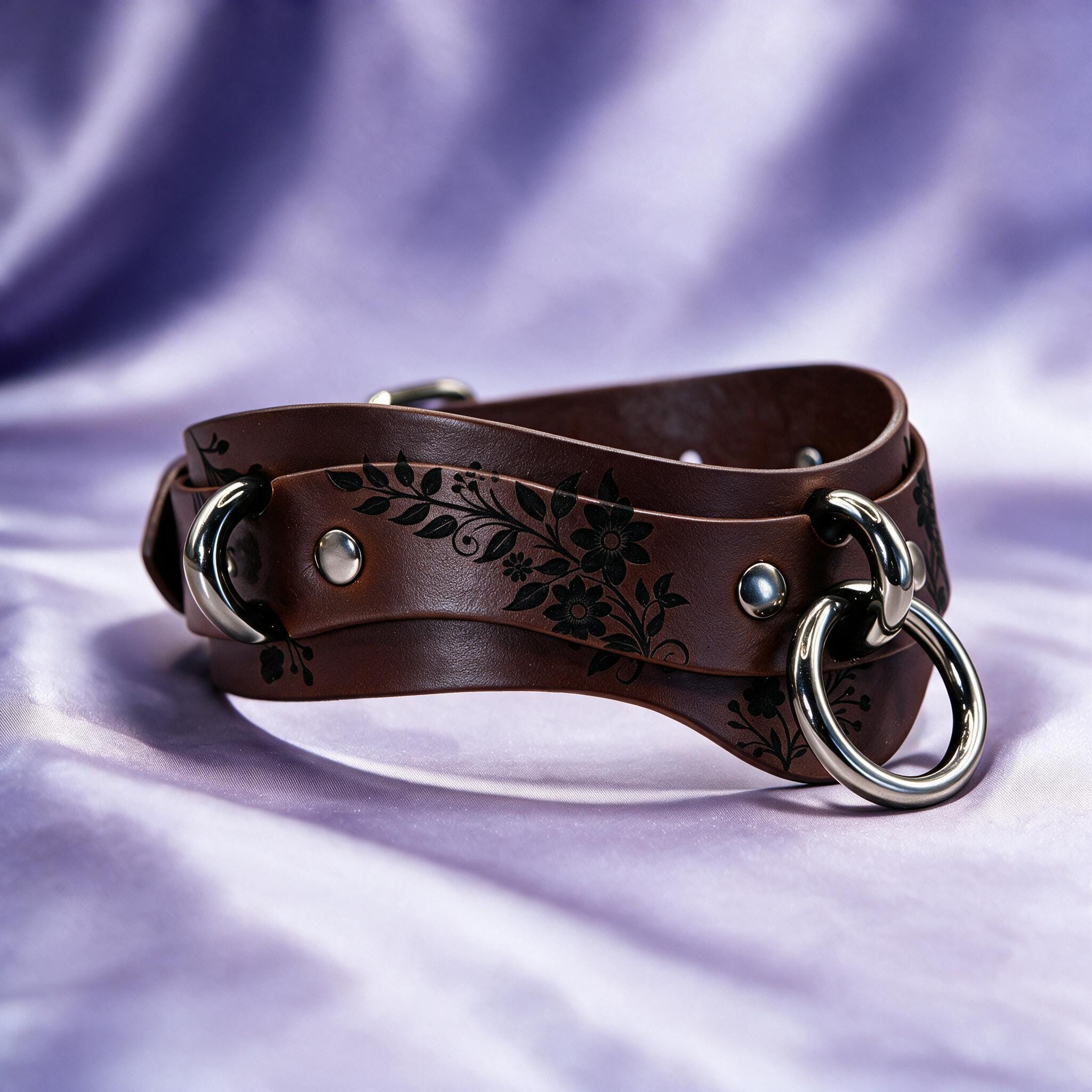 A brown leather choker with metal rings and a floral design on the surface.