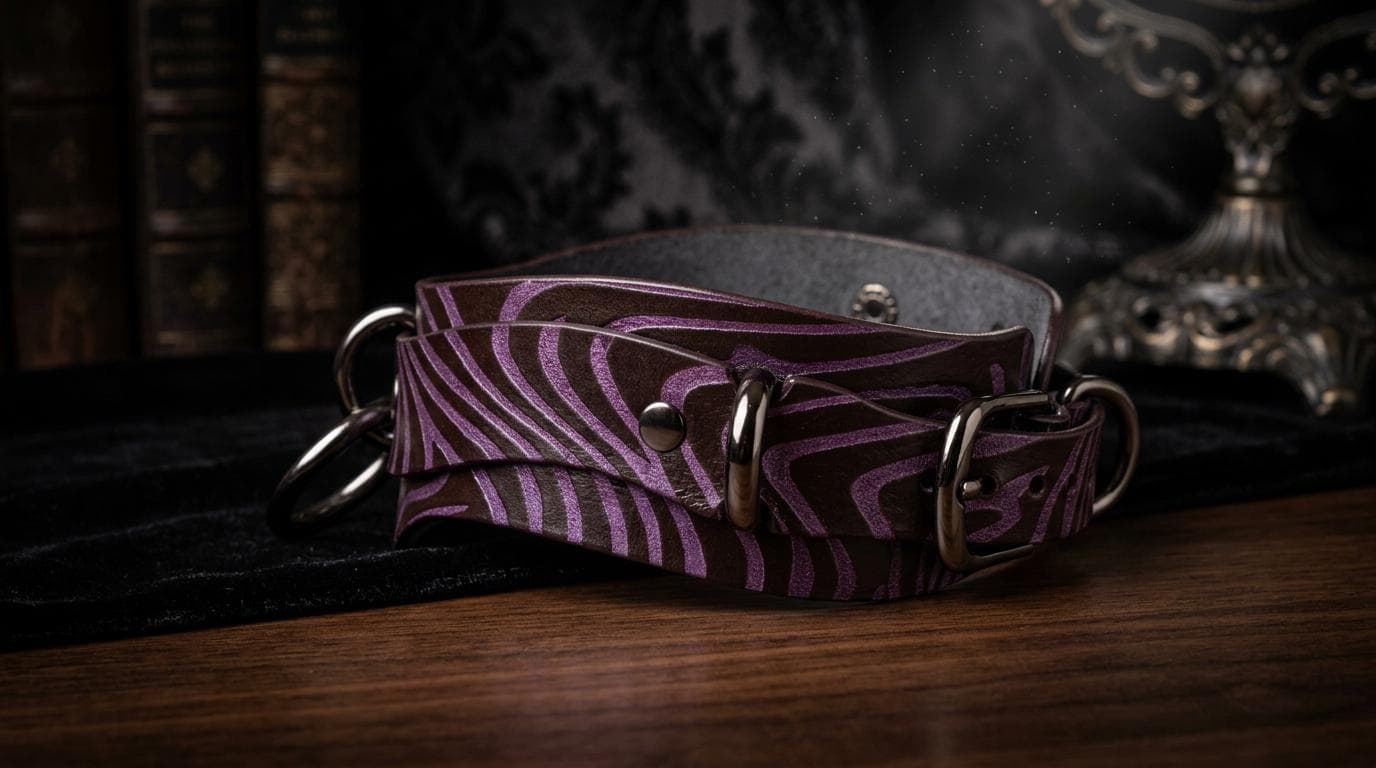 A purple zebra-striped leather strap with metal buckles is displayed on a wooden surface, with a bookshelf and a lamp in the background.