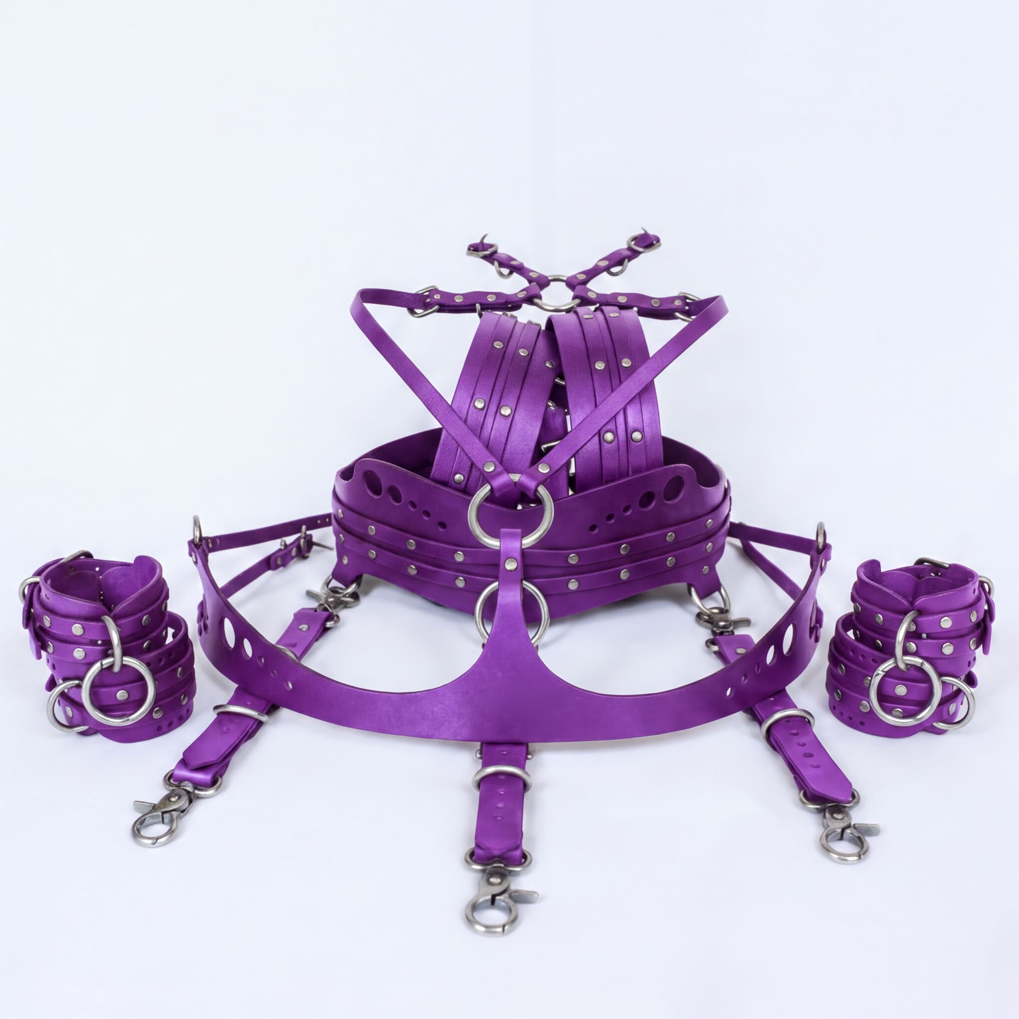 a purple leather harness with multiple straps and buckles, arranged on a white background.