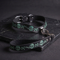 A black leather dog collar with a skull and crossbones pattern, and a matching leash attached to it, resting on a dark surface.