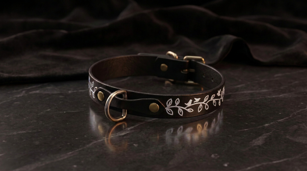 A black leather collar with a white leaf design on it, resting on a dark surface.