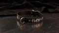 A black leather collar with a white leaf design on it, resting on a dark surface.