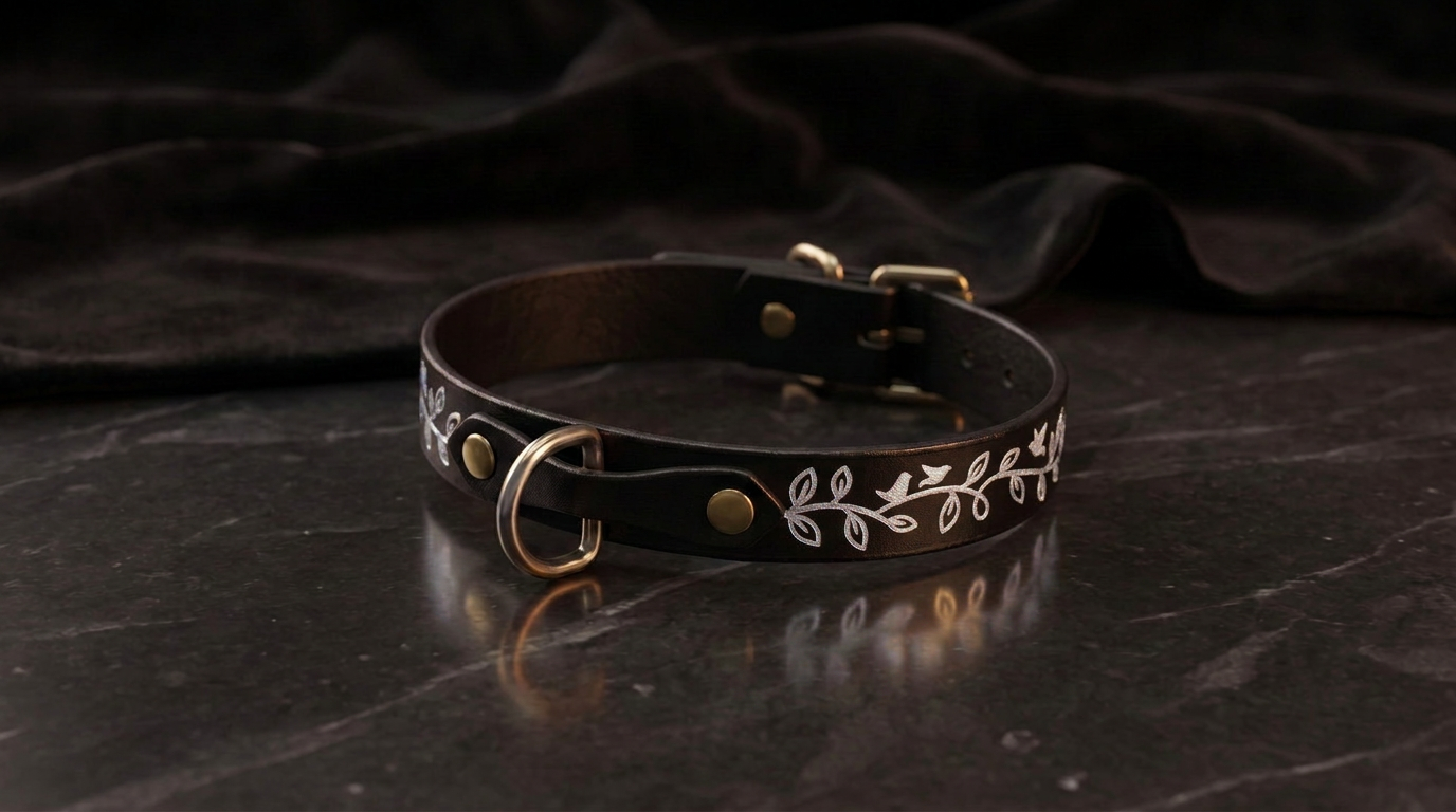 A black leather collar with a white leaf design on it, resting on a dark surface.