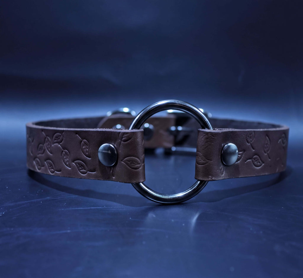 A brown leather collar with a metal ring and two metal buttons.