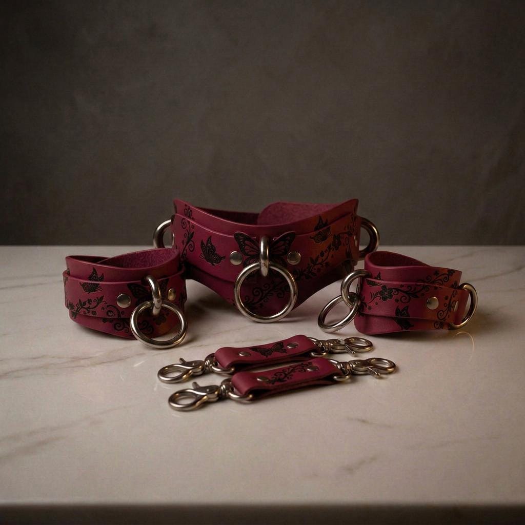 a collection of pink leather straps with metal rings and buckles, arranged on a white surface.