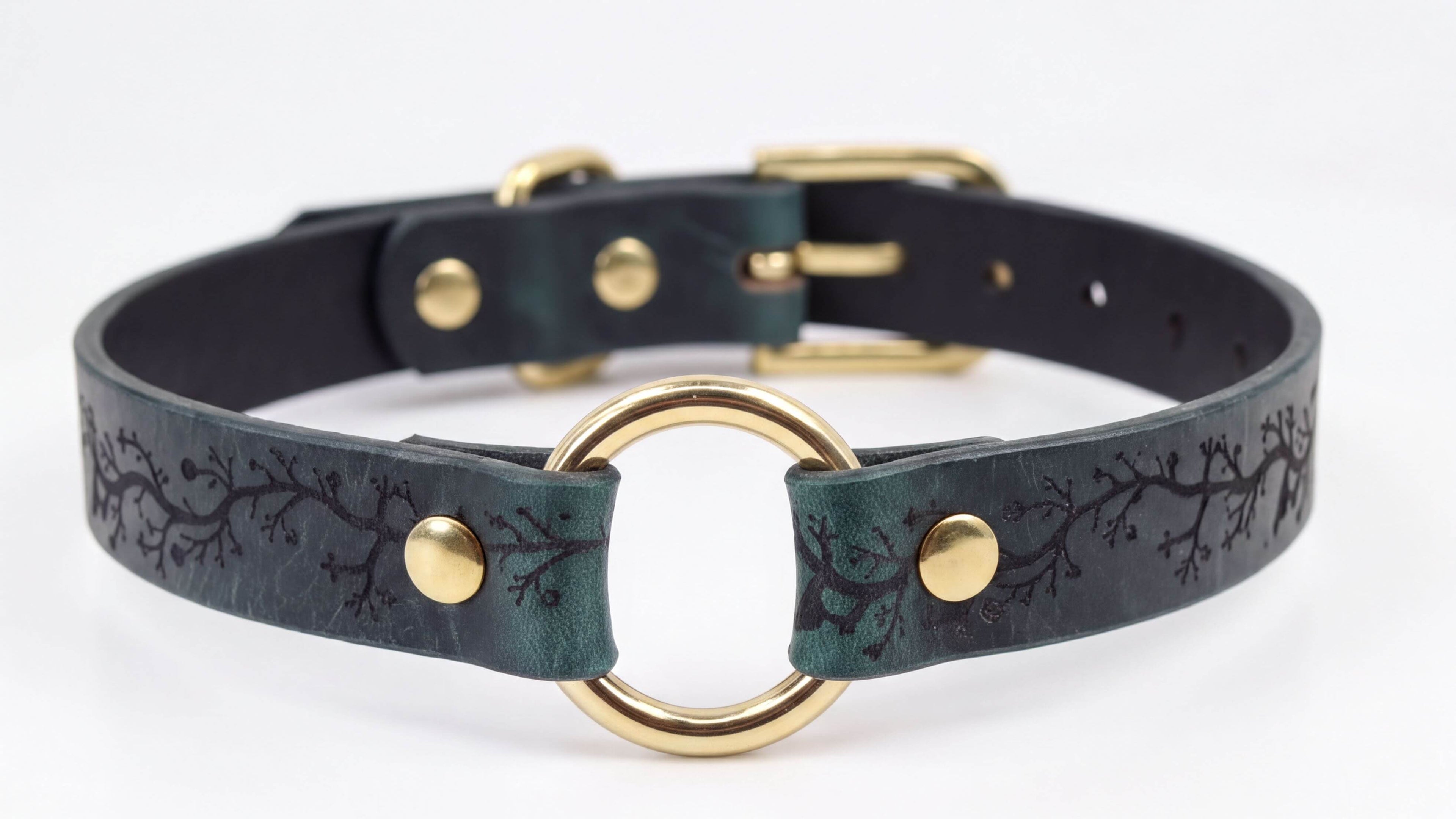 A close-up image of a dark green leather collar with a gold-colored metal ring and buckle.