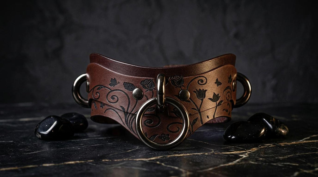 A brown leather collar with floral designs and metal rings, placed on a dark surface with black stones.