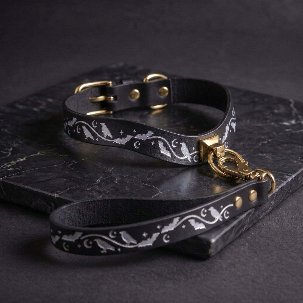 A black leather collar with a silver buckle and a black leash with a silver buckle are displayed on a black marble surface.