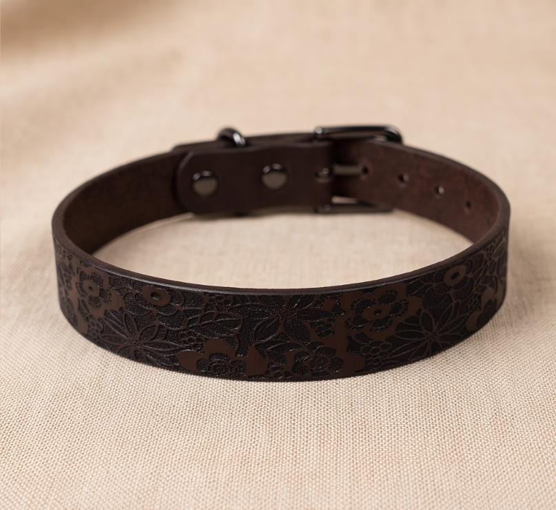 A brown leather dog collar with a floral pattern on the surface.