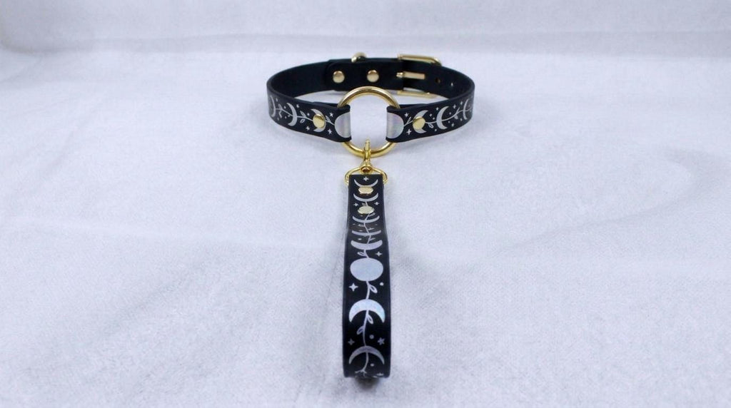 A black collar with a gold-colored buckle and a black strap with a white and black design.