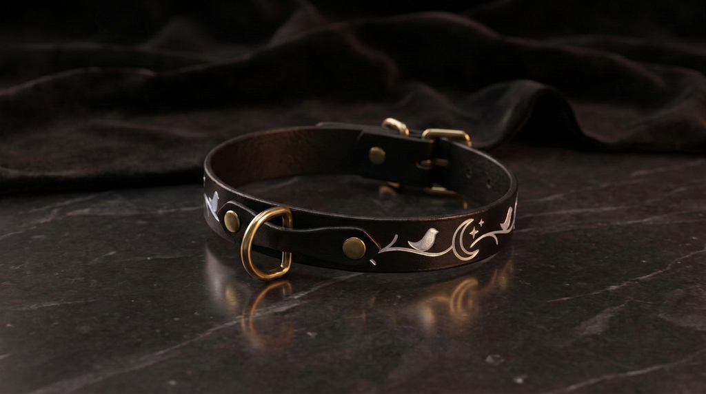 A black leather collar with a gold-colored buckle and a white floral design on the collar is displayed on a dark surface.