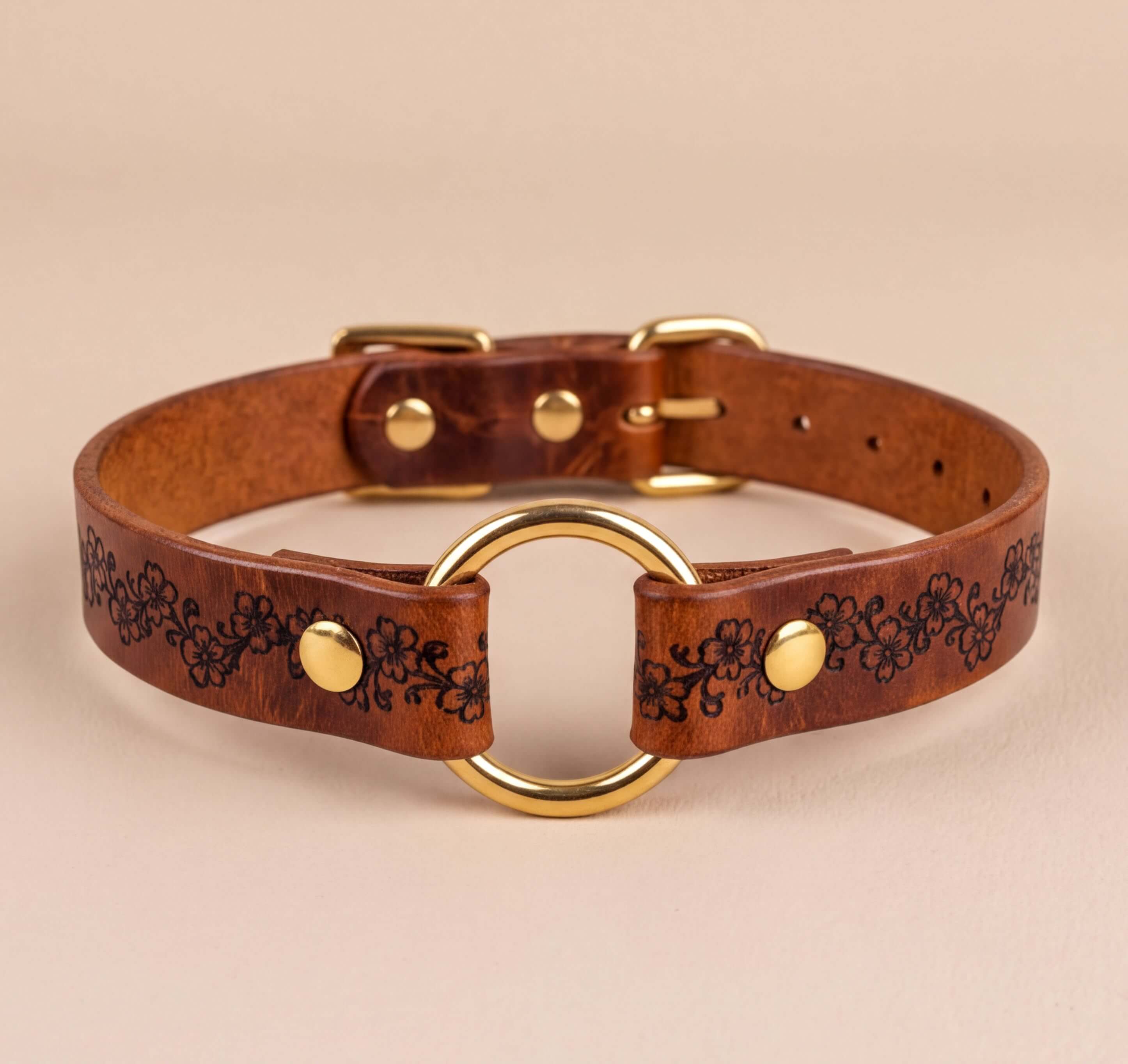 A brown leather collar with a gold-colored buckle and a floral design on the strap.