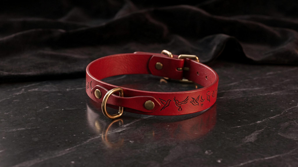 A red leather collar with a gold buckle and a black design on the strap is displayed on a dark surface.