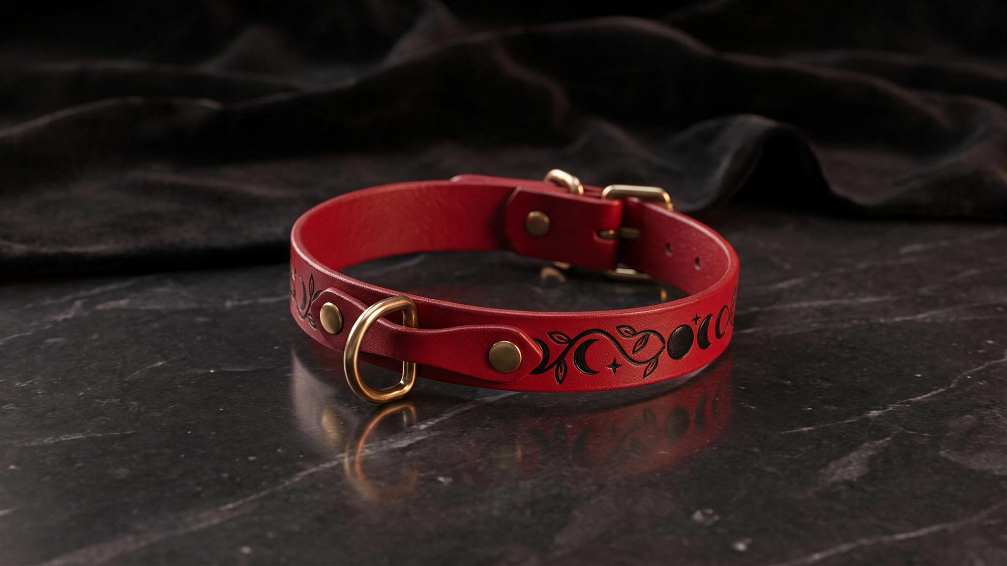 A red leather collar with a decorative pattern on it, placed on a dark surface.