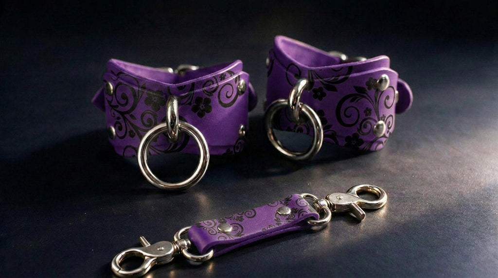 a pair of purple leather straps with metal rings and buckles, as well as a purple leather strap with metal rings and buckles, all placed on a dark surface.