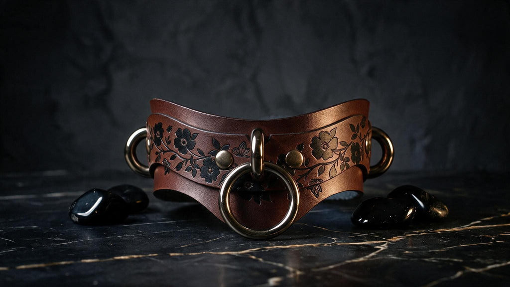 A brown leather choker necklace with floral designs and metal rings is displayed on a dark surface, accompanied by black stones.