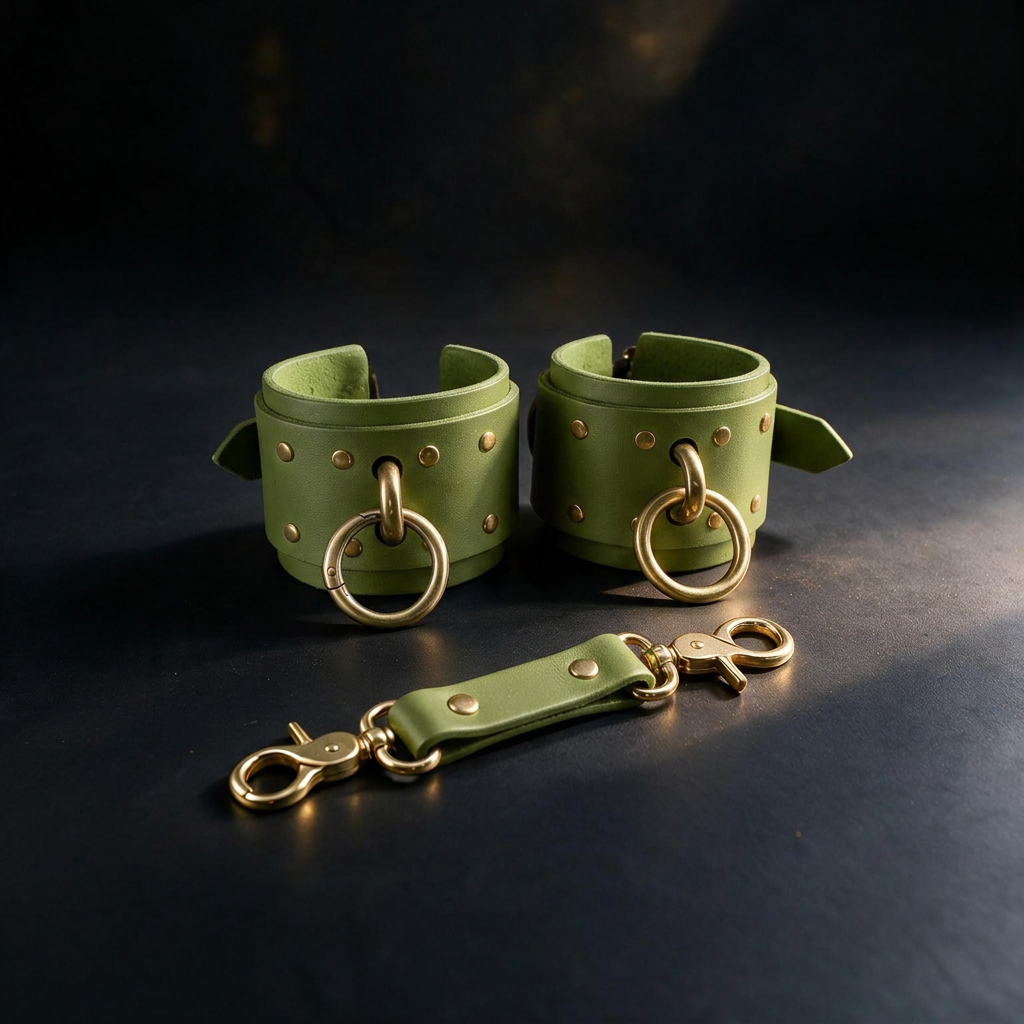 a pair of green leather cuffs with gold-colored metal rings and a green leather strap with gold-colored metal rings, all placed on a dark surface.