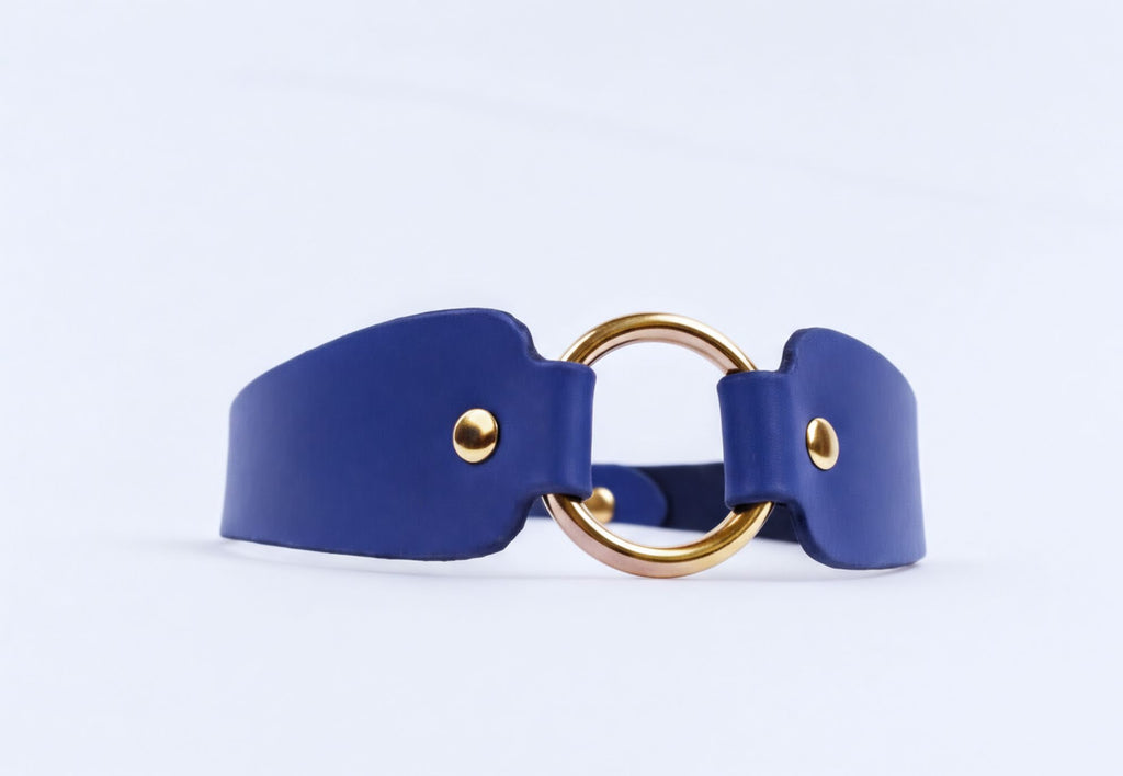 A blue leather choker necklace with a gold-colored circular buckle.