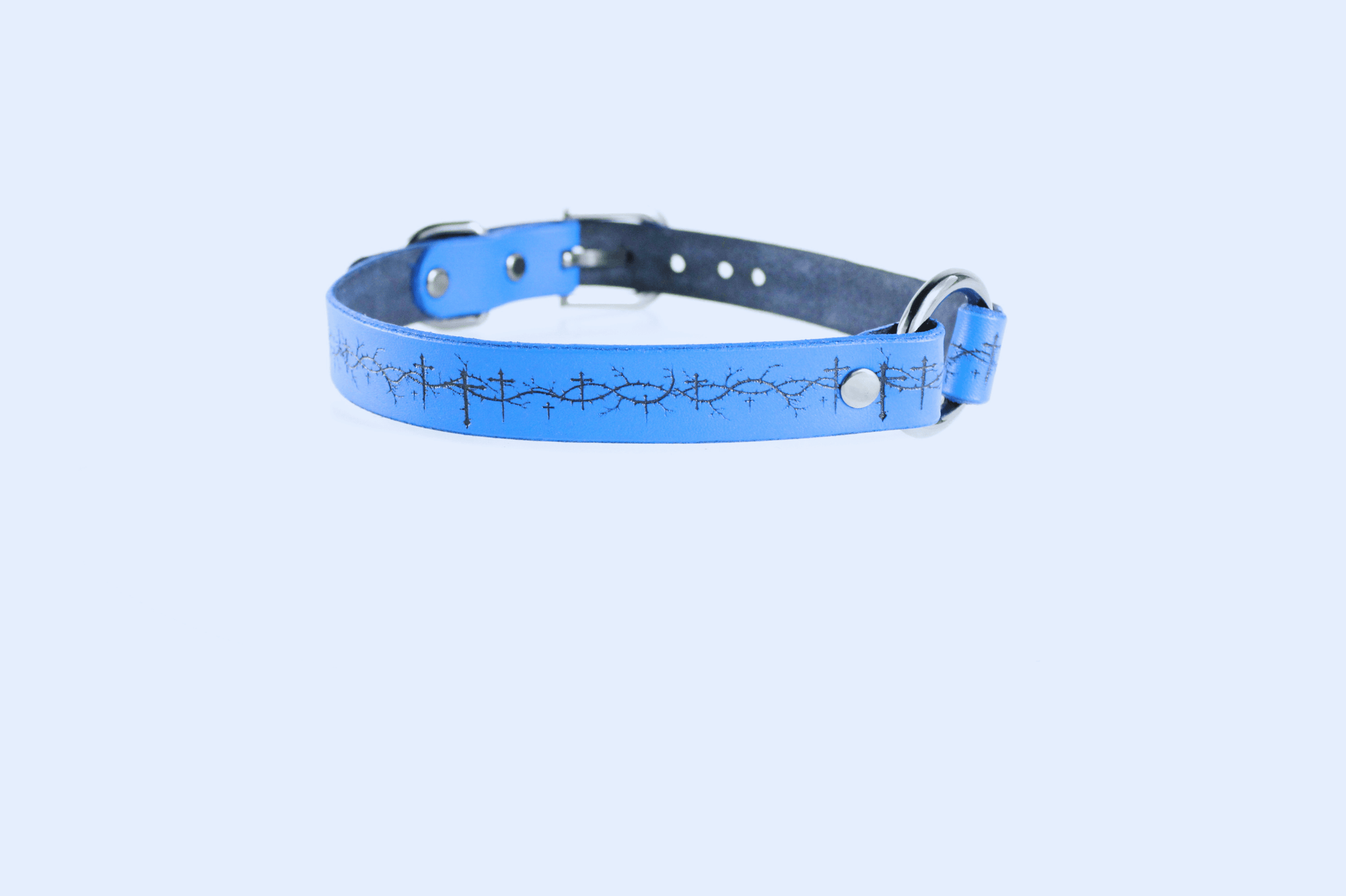Barbed BDSM Collar – Blue Leather Choker with Cross Motif & Gothic Design