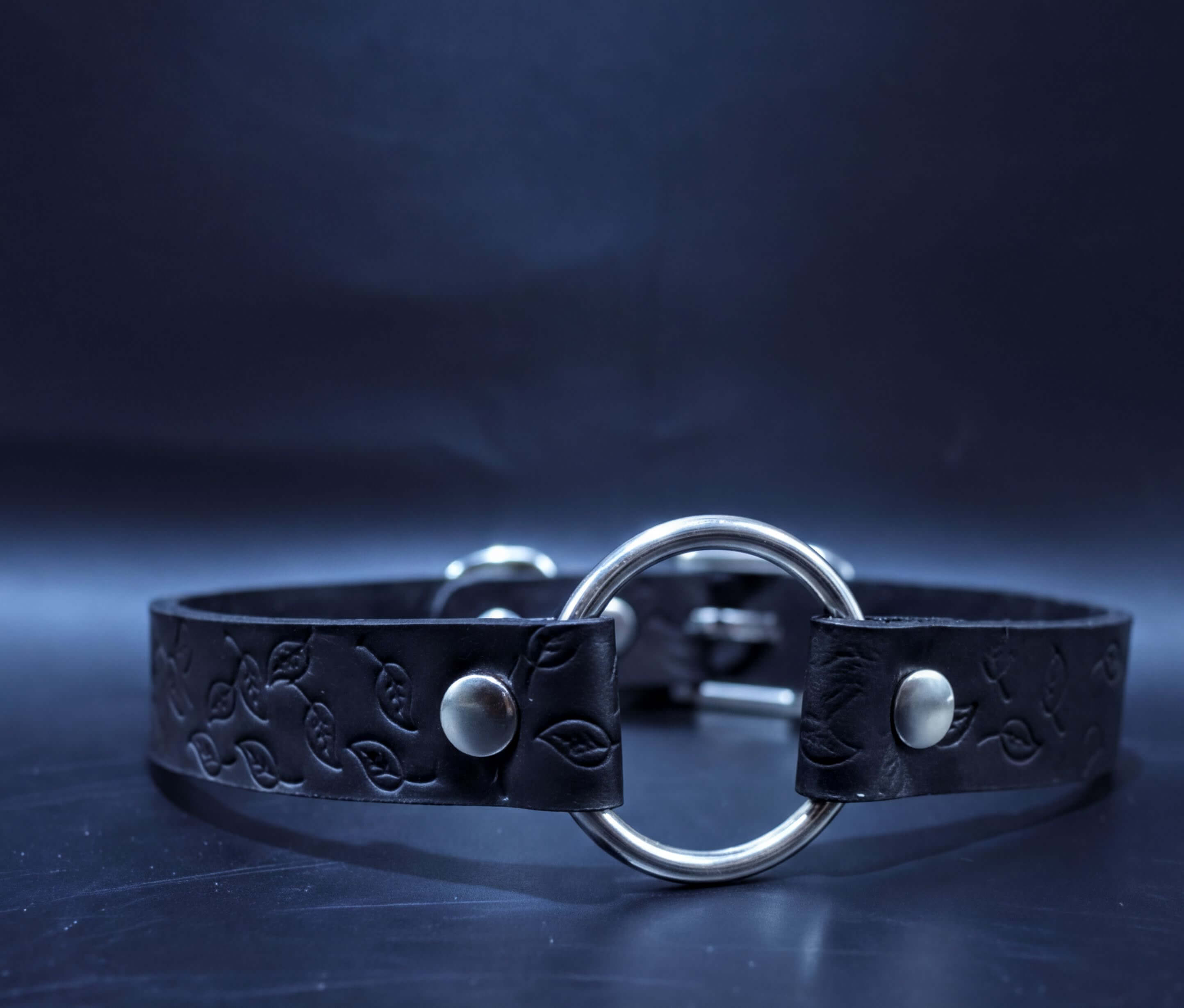 A black leather collar with a silver circular buckle and leaf-shaped embossed details.