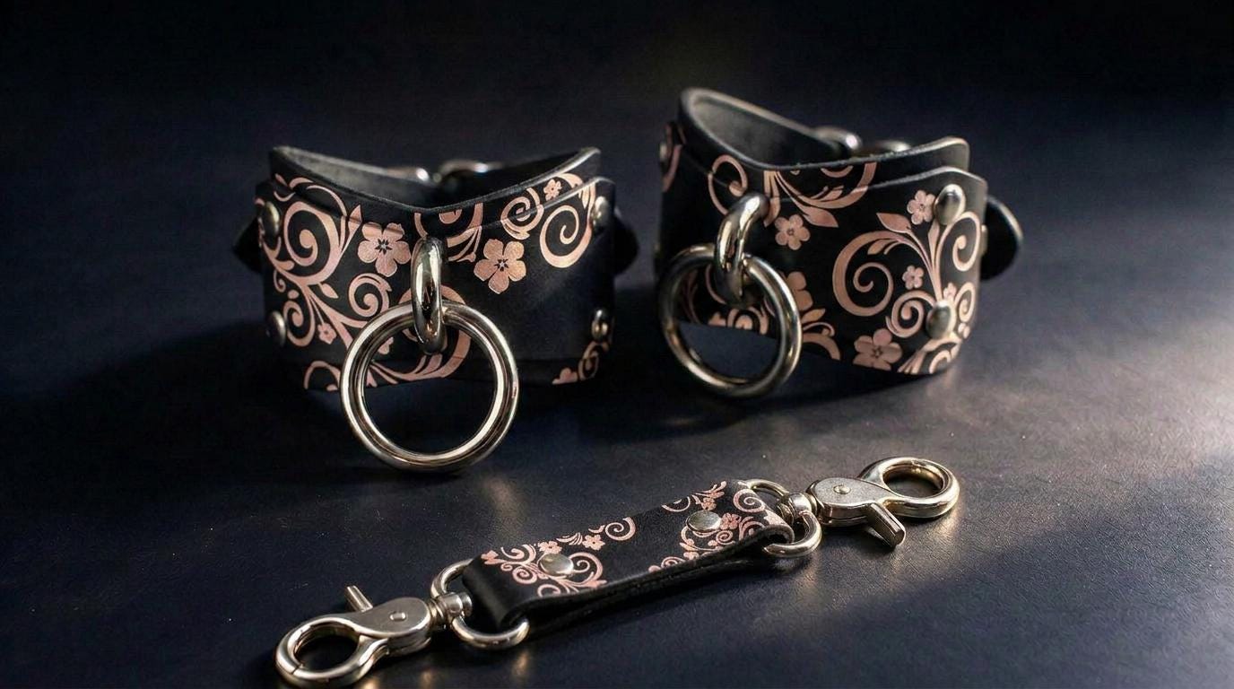 a pair of black leather straps with floral designs and metal rings, as well as a leather strap with metal rings, all placed on a dark surface.