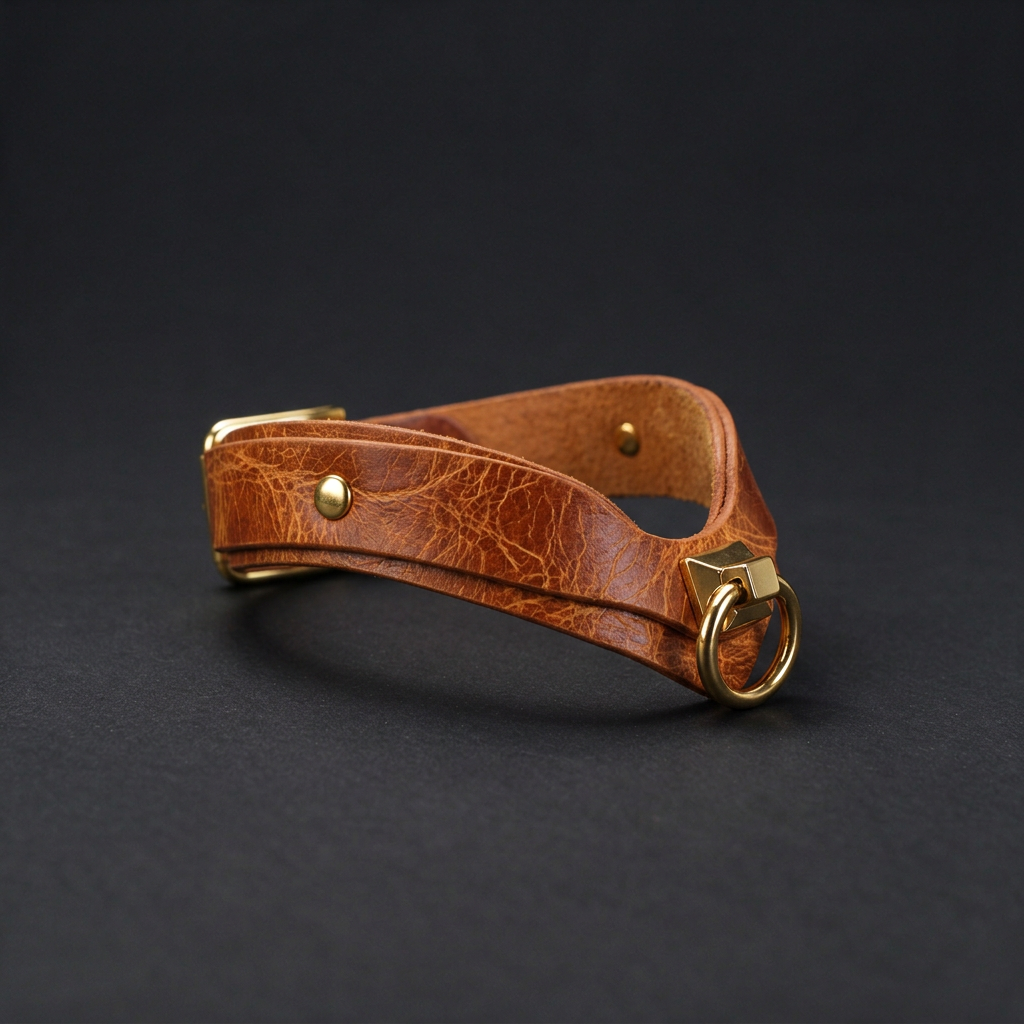 A brown leather strap with a gold-colored buckle is shown against a dark background.
