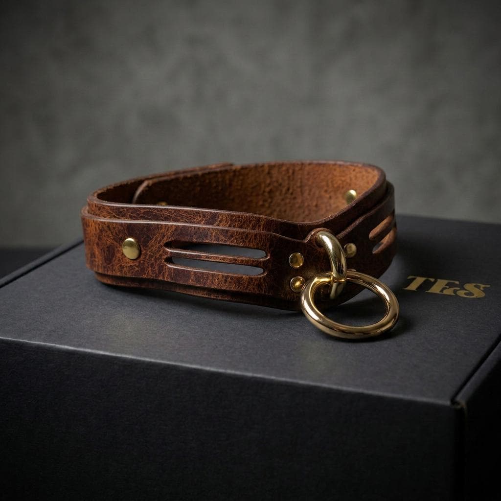 A brown leather choker necklace with a gold-colored metal ring and a black box with the text "TES" on it.