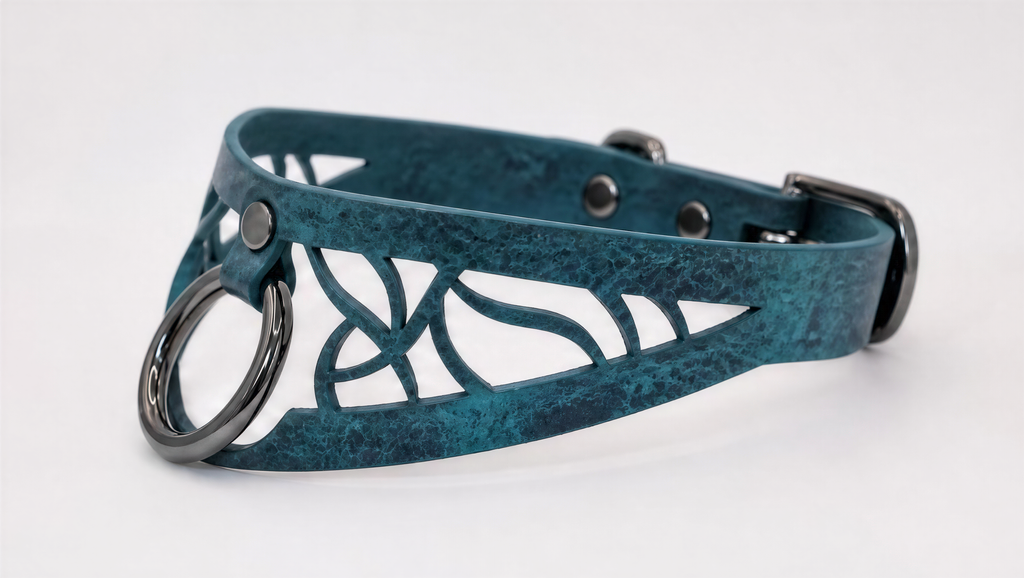 A teal-colored leather choker necklace with a metal ring and cutout design.