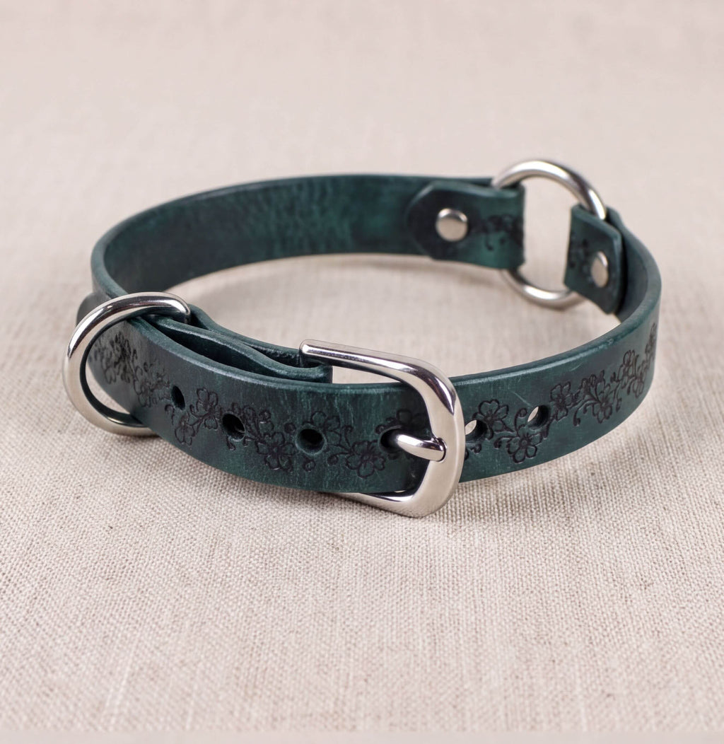 A dark green leather collar with a silver buckle and two metal rings, resting on a beige surface.