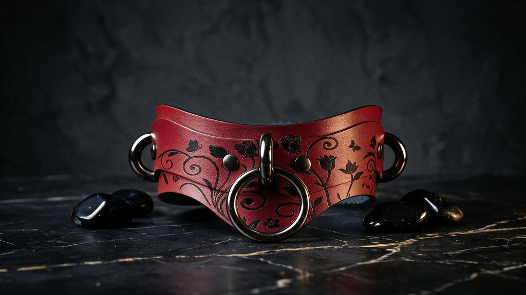 A red leather collar with black floral designs and metal rings is displayed on a black marble surface, accompanied by black stones.