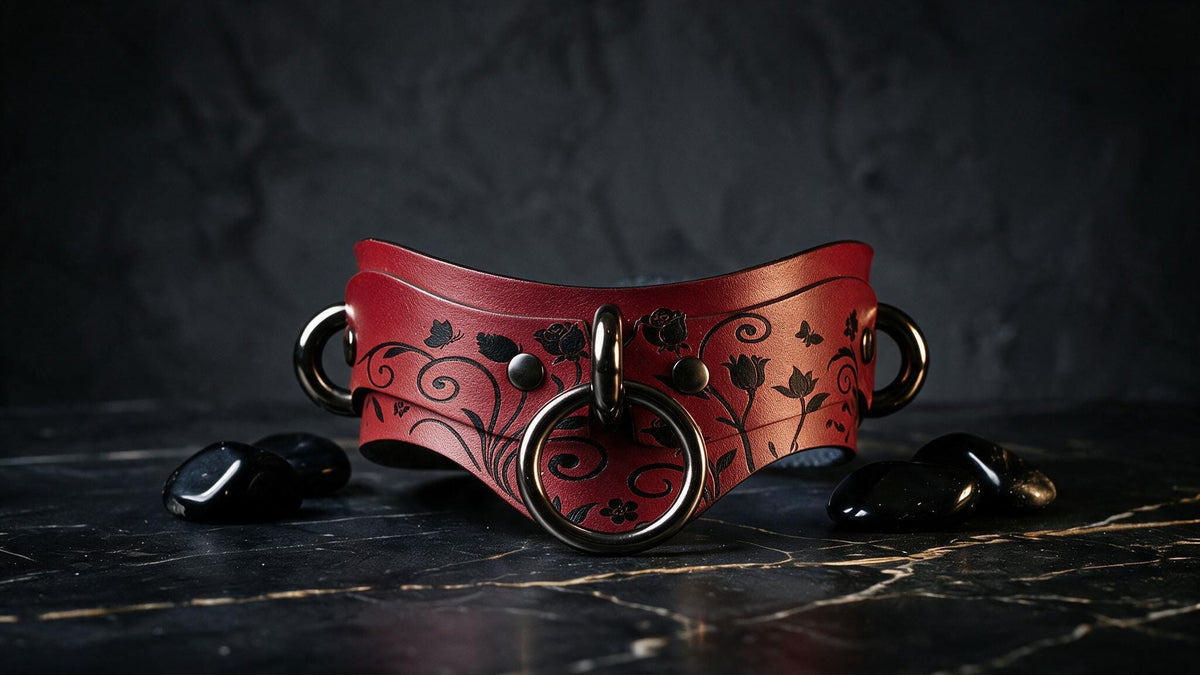 A red leather collar with black floral designs and metal rings is displayed on a black marble surface, accompanied by black stones.