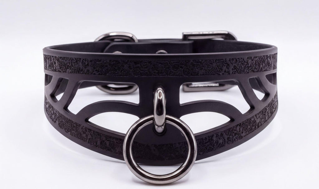 A black leather choker necklace with a metal ring and a metal buckle.