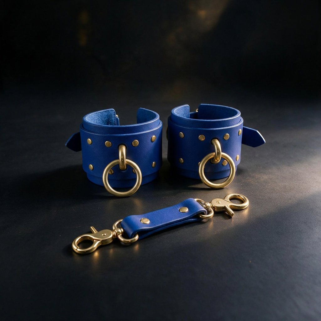 A pair of blue leather cuffs with gold metal rings and a matching leather strap with gold metal rings are displayed on a dark surface.