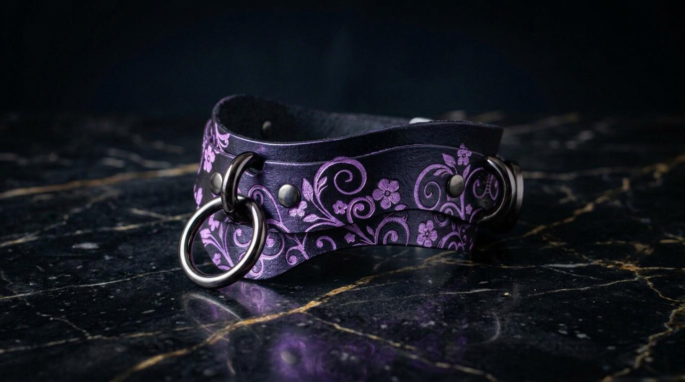 A purple leather choker necklace with a floral pattern and metal rings is displayed on a dark marble surface.