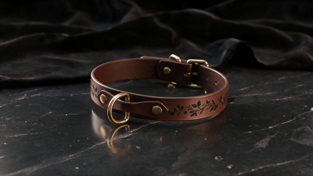 A brown leather collar with a decorative leaf pattern sits on a dark surface, such as a marble table.