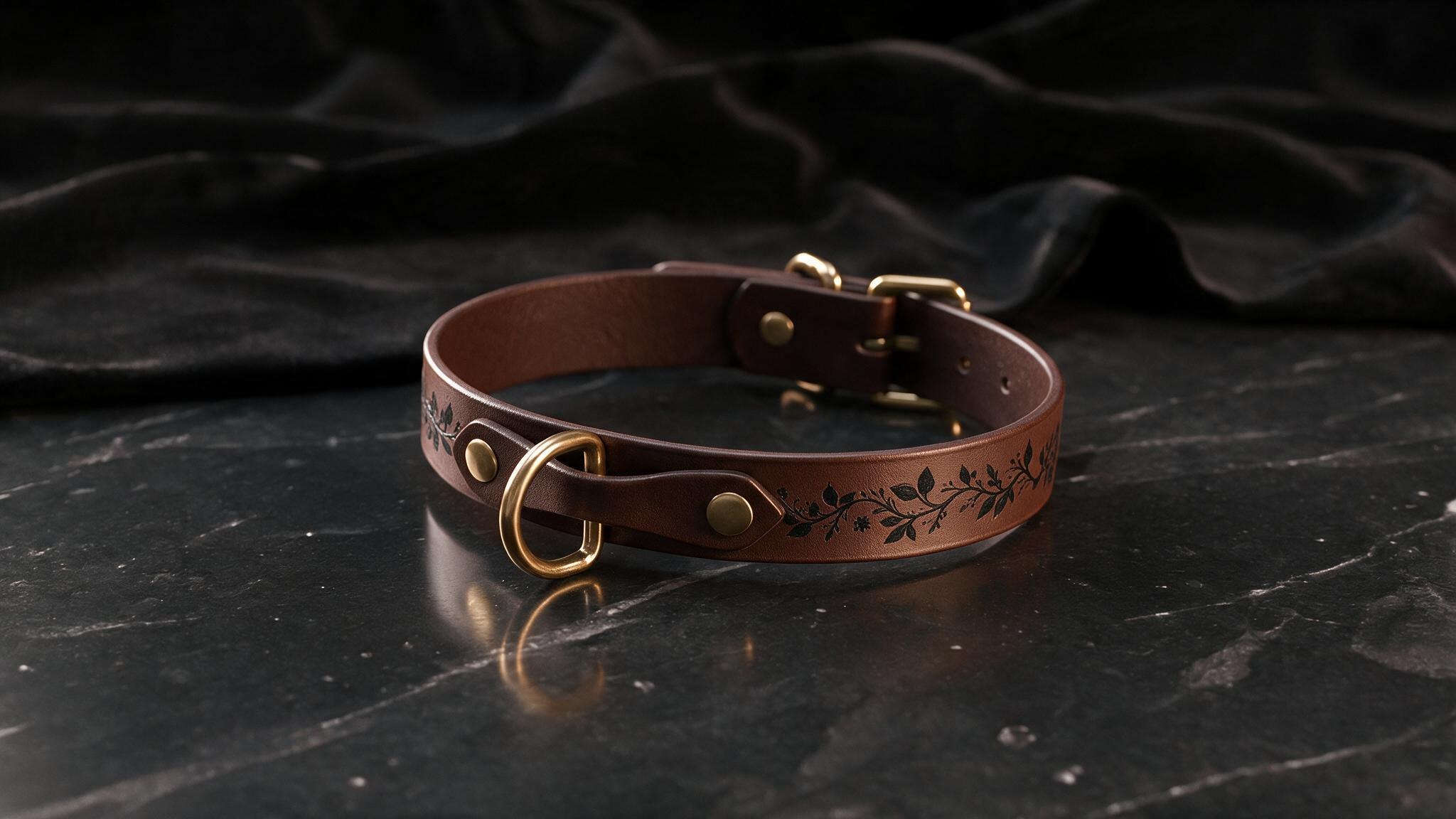 A brown leather collar with a decorative leaf pattern sits on a dark surface, such as a marble table.