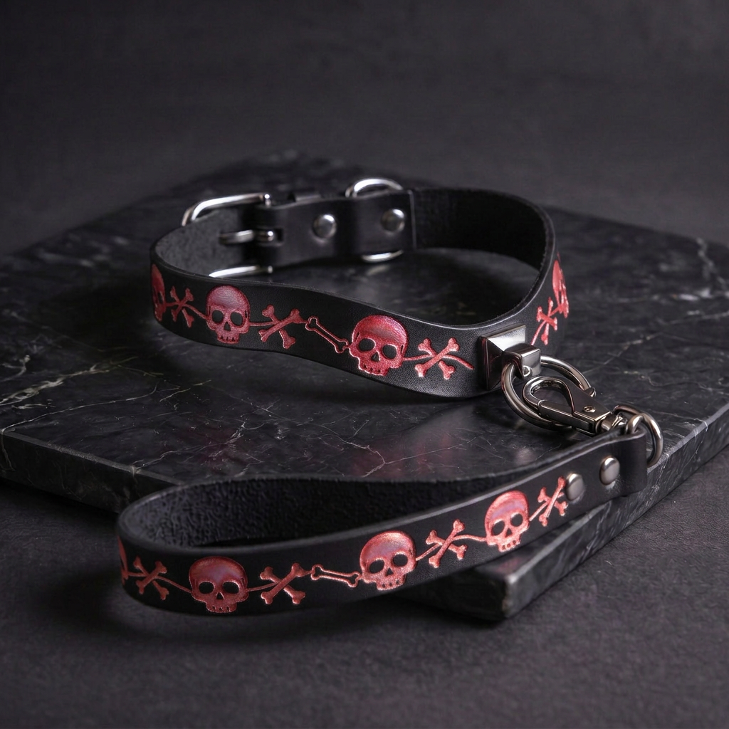 A black leather collar with a skull and crossbones pattern, and a matching leash attached to it, resting on a dark surface.