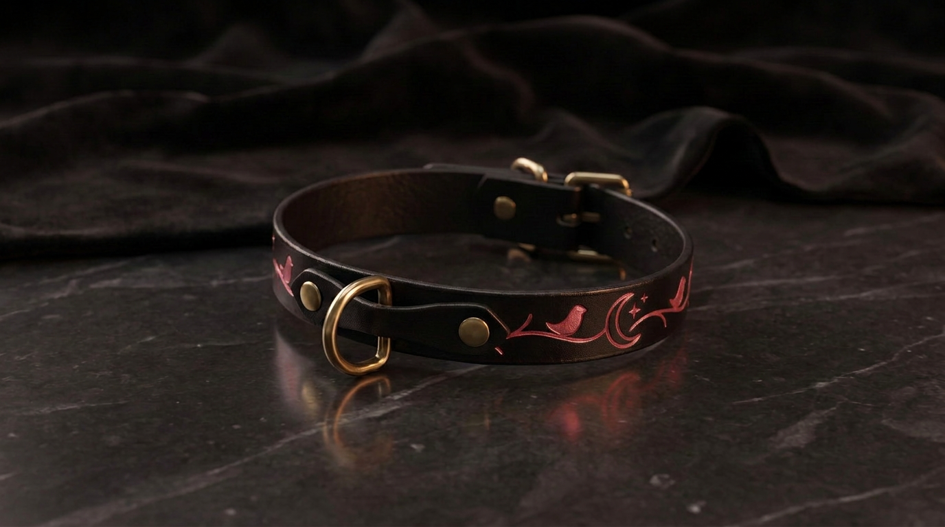 A black leather collar with a gold-colored buckle and a pink floral design on the band, resting on a dark surface.
