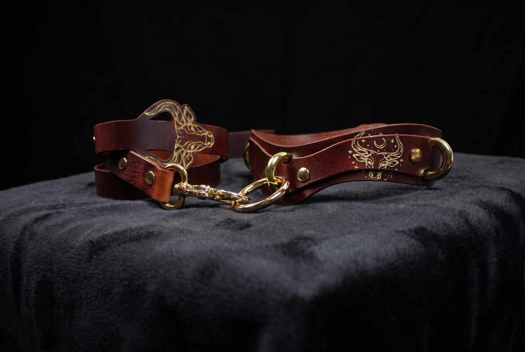 A brown leather strap with a gold buckle and a gold-colored buckle is displayed against a black background.