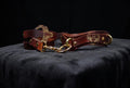 A brown leather strap with a gold buckle and a gold-colored buckle is displayed against a black background.