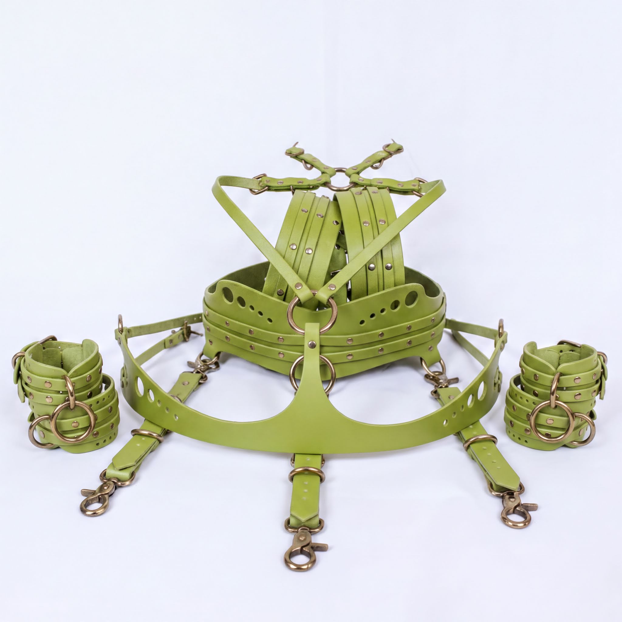 A green leather harness with multiple straps and buckles, including a chest harness and leg straps, displayed against a white background.