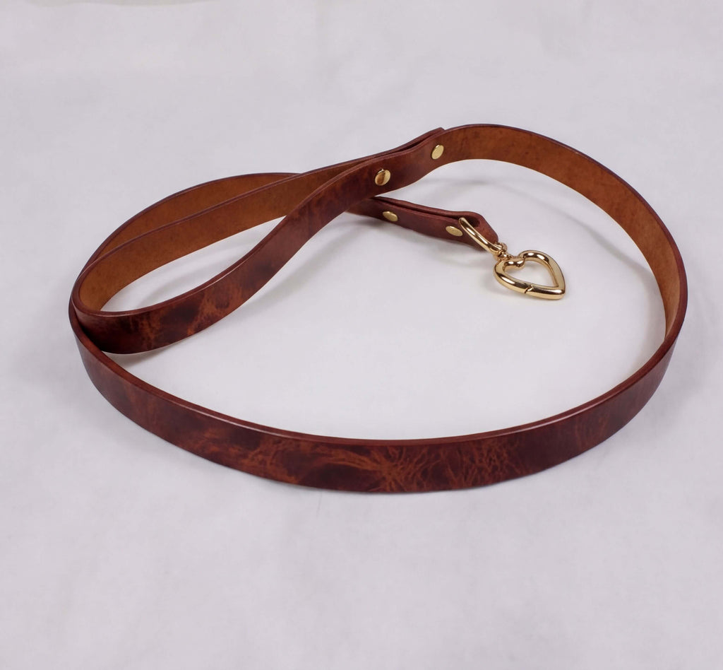A brown leather dog collar with a heart-shaped charm attached.