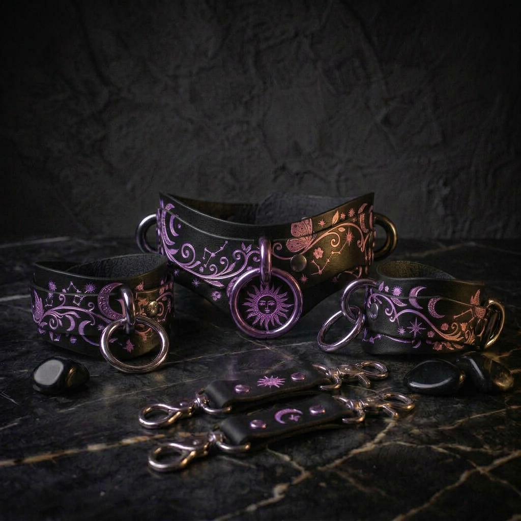 a collection of black leather accessories with intricate designs, including a choker, cuffs, and straps, all adorned with purple and pink accents.