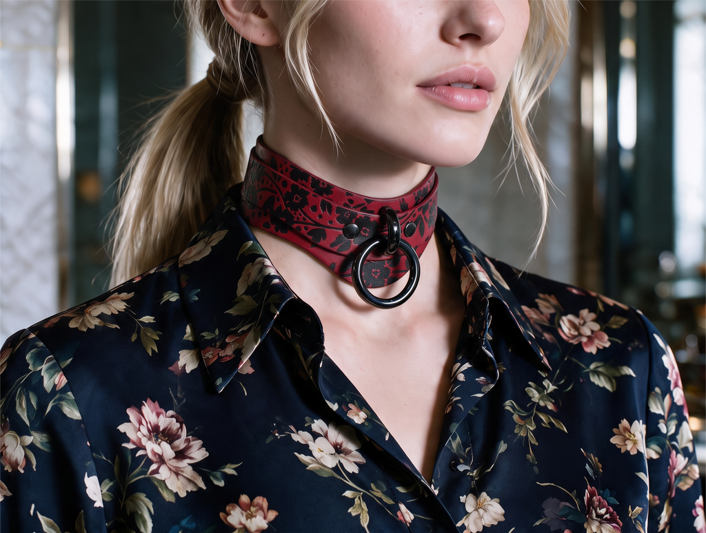 A woman wearing a red and black choker necklace with a floral pattern, paired with a blue floral blouse.