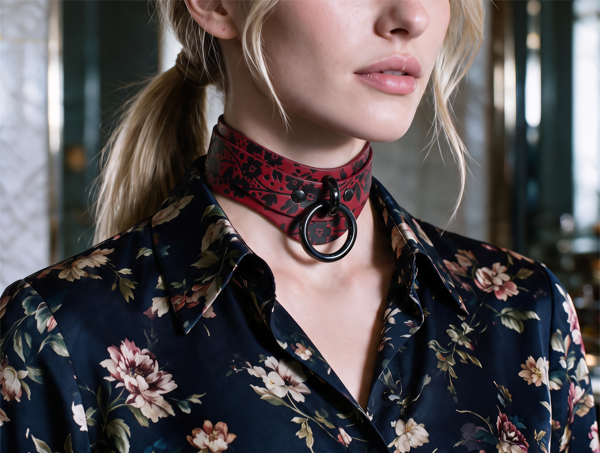 A woman wearing a red and black choker necklace with a floral pattern, paired with a blue floral blouse.