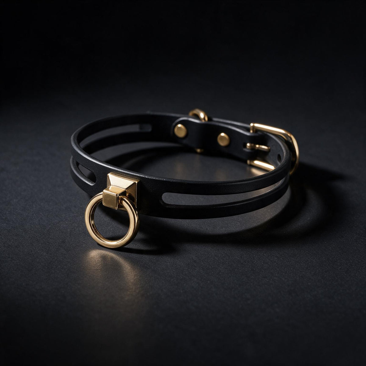 A black leather choker necklace with a gold-colored metal ring and buckle.