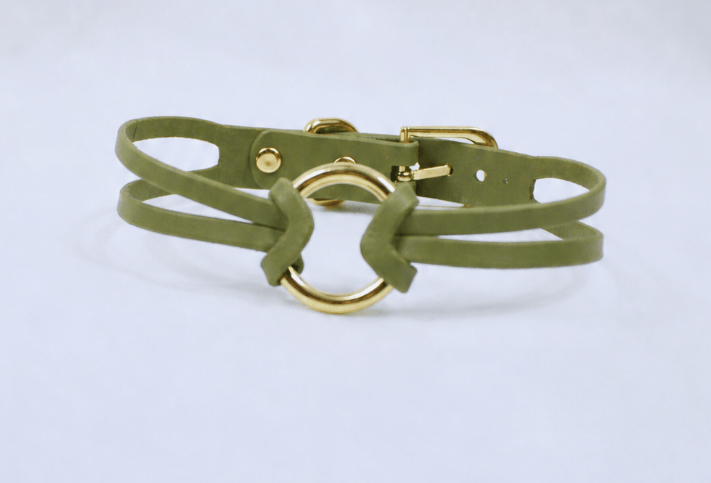 A green leather choker necklace with a gold-colored circular clasp.