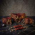 A set of ornate red leather straps with gold metal hardware, including rings and buckles, arranged on a dark surface.