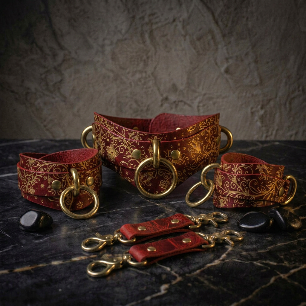A set of ornate red leather straps with gold metal hardware, including rings and buckles, arranged on a dark surface.