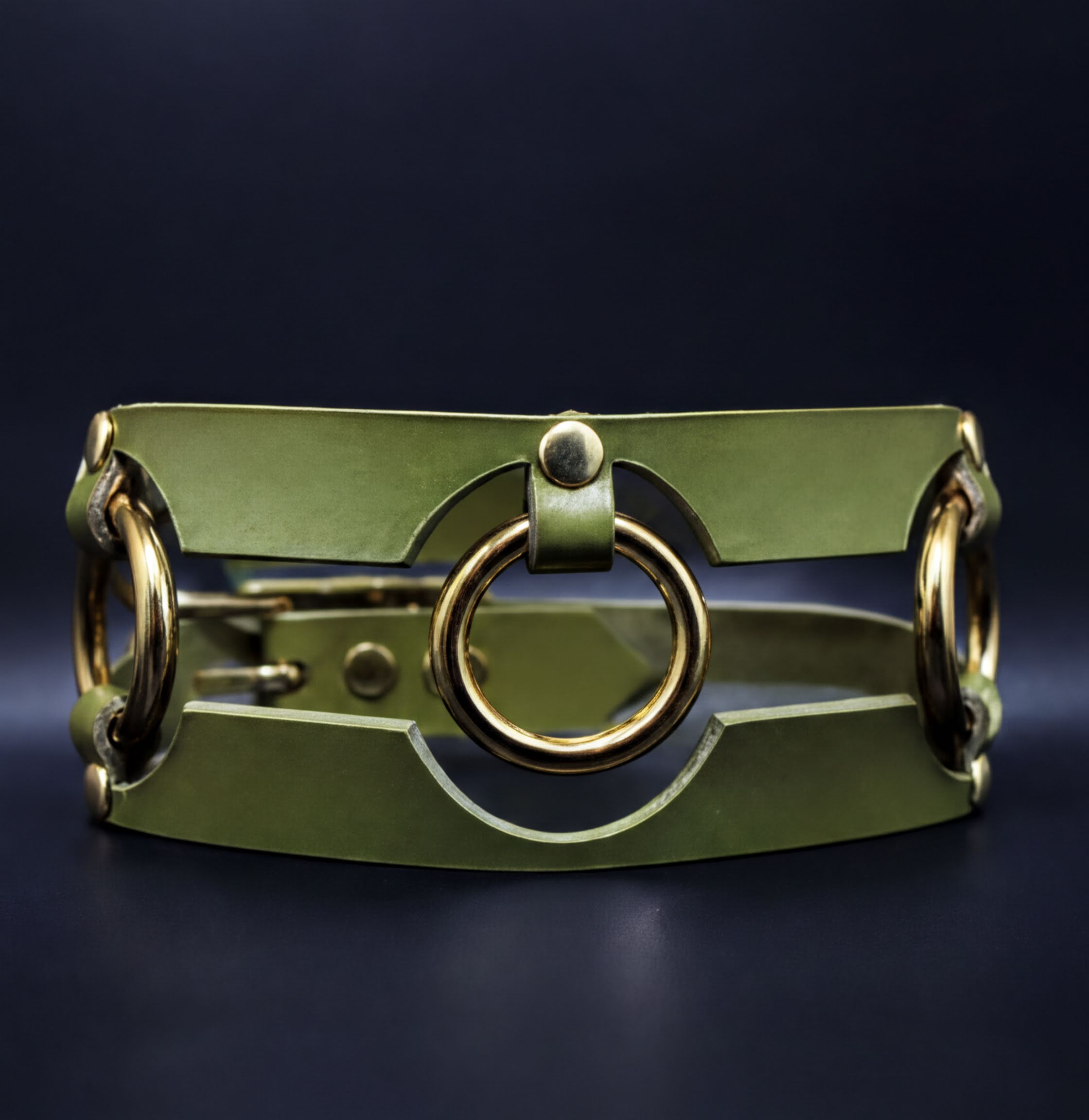 A green leather choker necklace with a unique circular clasp design.